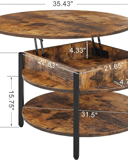 FABATO Round Lift Top Coffee Table for Living Room, 35.43'' Round Coffee Table with Storage and Hidden Compartment, 2 Tier Large Farmhouse Coffee Table Round Dining Table, Rustic Brown - LeafyLoom