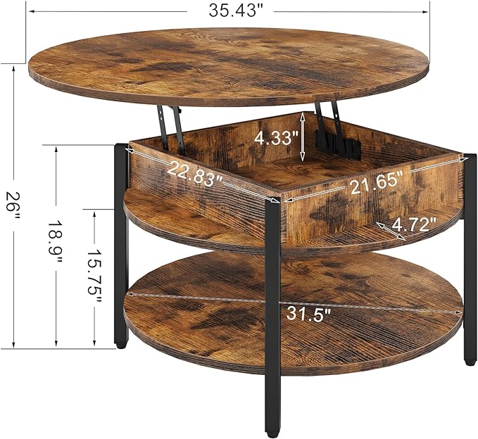 FABATO Round Lift Top Coffee Table for Living Room, 35.43'' Round Coffee Table with Storage and Hidden Compartment, 2 Tier Large Farmhouse Coffee Table Round Dining Table, Rustic Brown - LeafyLoom