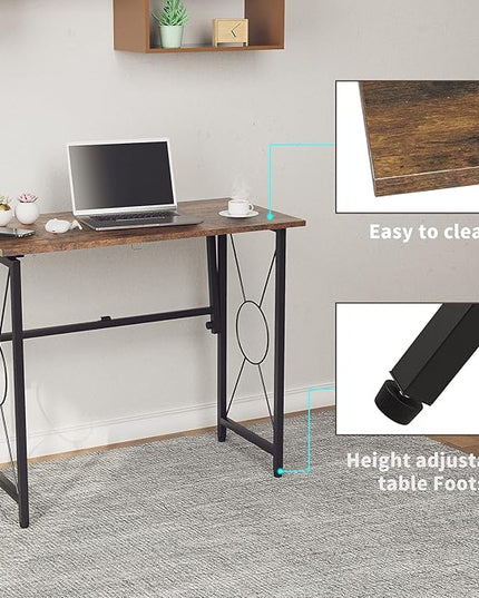 31.5" Computer Desk for Small Place, Foldable Desk Home Office Desk, Black Metal Frame, Modern Industrial Style Study Writing Table, No Assembly Required, Rustic Brown - LeafyLoom