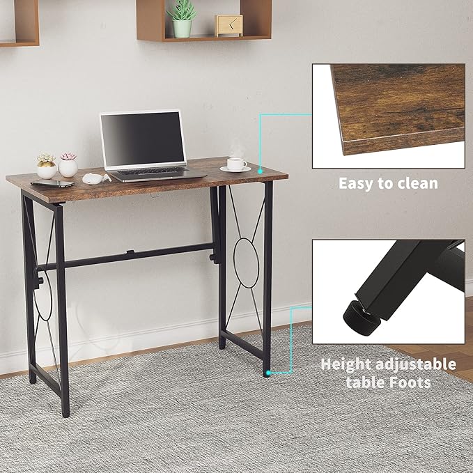 31.5" Computer Desk for Small Place, Foldable Desk Home Office Desk, Black Metal Frame, Modern Industrial Style Study Writing Table, No Assembly Required, Rustic Brown - LeafyLoom