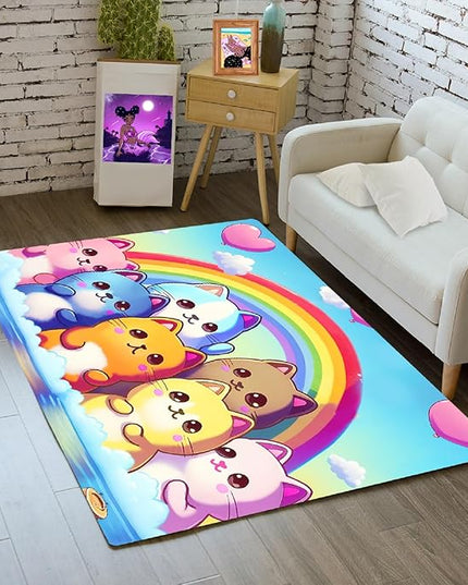Cat Rainbow Rug for Girls Bedroom - Colorful Cat Area Rug Cat Rainbow Printed Carpet for Kids Room Cute Cartoon Cat Rug Home Decor, 2x3 Feet - LeafyLoom