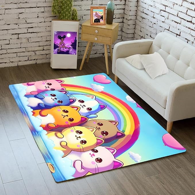 Cat Rainbow Rug for Girls Bedroom - Colorful Cat Area Rug Cat Rainbow Printed Carpet for Kids Room Cute Cartoon Cat Rug Home Decor, 2x3 Feet - LeafyLoom