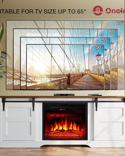 oneinmil Fireplace TV Stand with 18” Electric Fireplace, 58” TV Console Stand for TVs Up to 65", Entertainment Center, Fireplace for The Living Room TV Stand, White - LeafyLoom