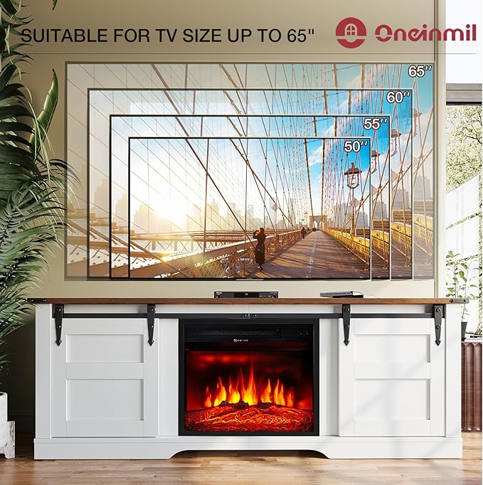 oneinmil Fireplace TV Stand with 18” Electric Fireplace, 58” TV Console Stand for TVs Up to 65", Entertainment Center, Fireplace for The Living Room TV Stand, White - LeafyLoom