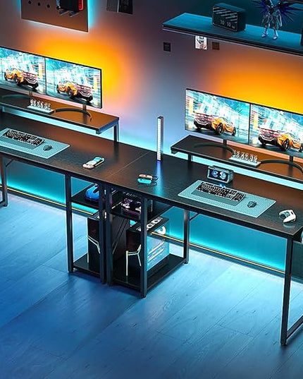 KKL 48 inch Small Computer Desk with Adjustable Monitor Stand, Home Office Desk & Workstation with Storage Shelves, Reversible Work Writing Study Table for Bedroom, Black - LeafyLoom