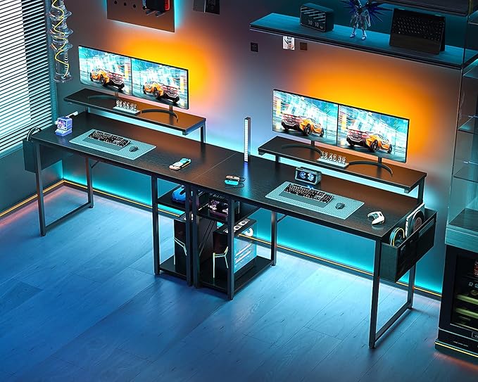 KKL 48 inch Small Computer Desk with Adjustable Monitor Stand, Home Office Desk & Workstation with Storage Shelves, Reversible Work Writing Study Table for Bedroom, Black - LeafyLoom