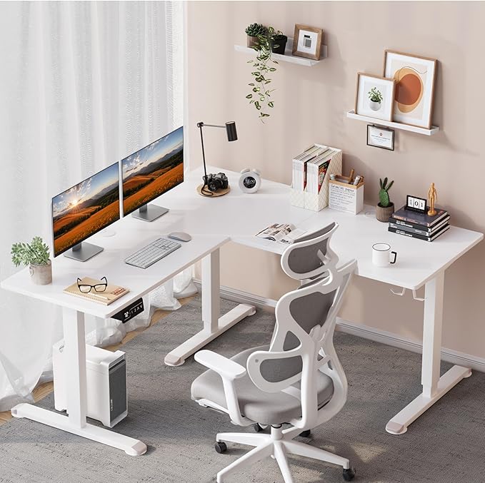 L-Shaped Electric Standing Desk, 63 x 55 Inches Height Adjustable Coner Table, Home Office Computer Workstation, White, 63 x 55 Inch - LeafyLoom
