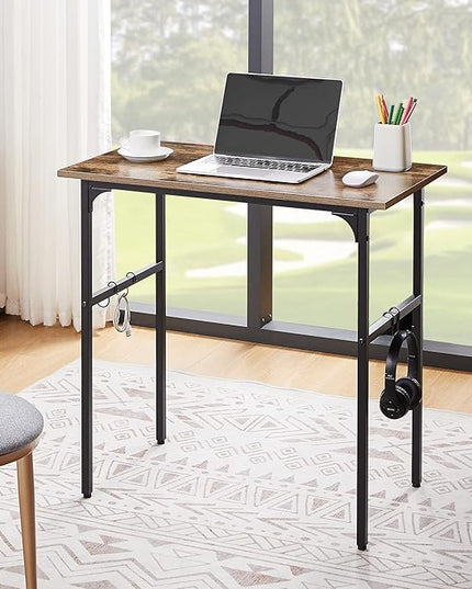 VECELO 32" Computer Writing Desk for Home Office, Study Table Workstation for Small Spaces with 4 Hooks & Adjustable Legs, Metal Frame,Brown, 32Inches - LeafyLoom