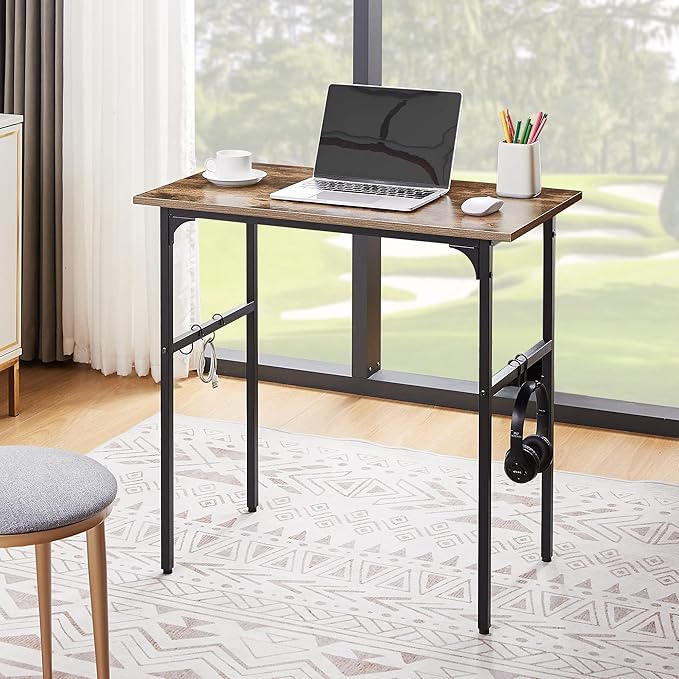 VECELO 32" Computer Writing Desk for Home Office, Study Table Workstation for Small Spaces with 4 Hooks & Adjustable Legs, Metal Frame,Brown, 32Inches - LeafyLoom