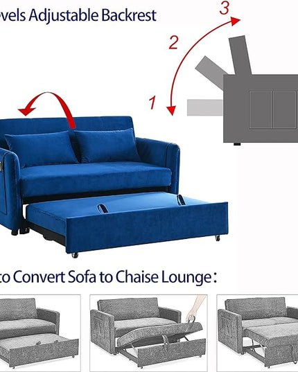Modern Convertible Loveseat Sofa Bed, Compact Functional Love Seat,Comfy Velvet Sleeper Sofabed 3 in1 Recliner Sofa&Couch with Removable Side Pockets for Small Space Living Room/Guest Room - LeafyLoom