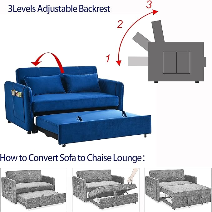 Modern Convertible Loveseat Sofa Bed, Compact Functional Love Seat,Comfy Velvet Sleeper Sofabed 3 in1 Recliner Sofa&Couch with Removable Side Pockets for Small Space Living Room/Guest Room - LeafyLoom
