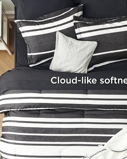 Bedsure Bed in a Bag Full Size 7 Pieces, Black White Striped Bedding Comforter Sets All Season Bed Set, 2 Pillow Shams, Flat Sheet, Fitted Sheet and 2 Pillowcases - LeafyLoom