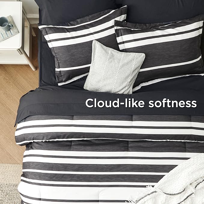 Bedsure Bed in a Bag King Size 7 Pieces, Black White Striped Bedding Comforter Sets All Season Bed Set, 2 Pillow Shams, Flat Sheet, Fitted Sheet and 2 Pillowcases - LeafyLoom