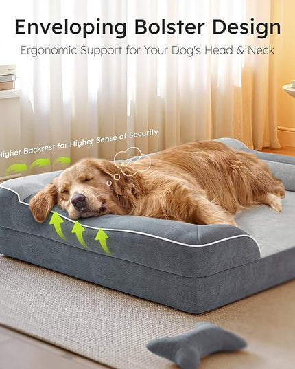 Extra Large Dog Bed, Orthopedic Dog Bed with Cooling Gel Memory Foam, Waterproof XL Dog Bed with Removable Washable Cover, 42" Dog Sofa Couch Dutch Velvet with Bone Toy, Dark Gray LeafyLoom