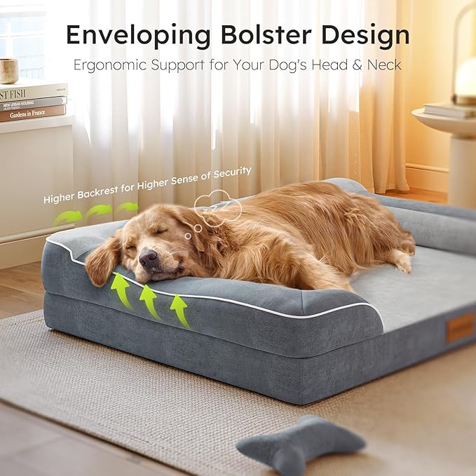Extra Large Dog Bed, Orthopedic Dog Bed with Cooling Gel Memory Foam, Waterproof XL Dog Bed with Removable Washable Cover, 42" Dog Sofa Couch Dutch Velvet with Bone Toy, Dark Gray LeafyLoom