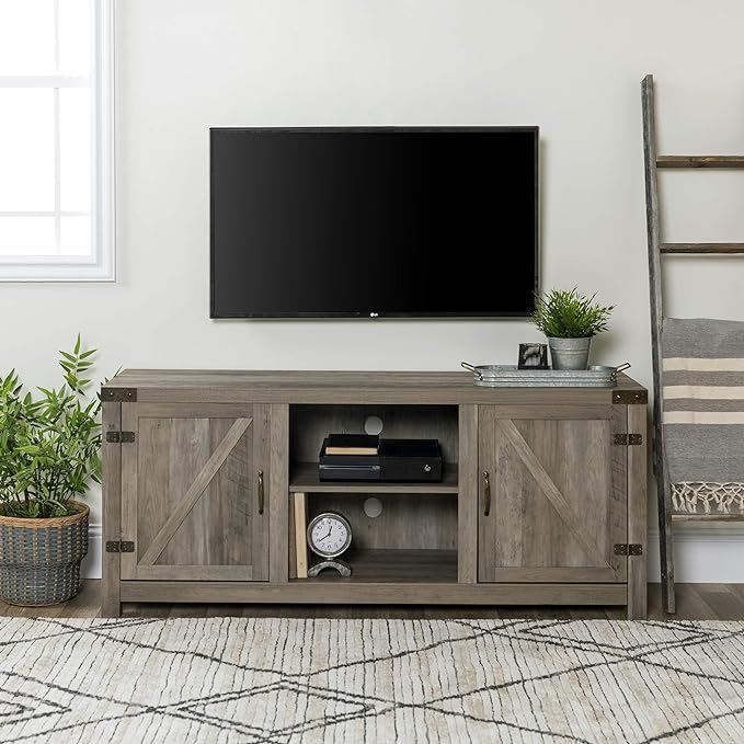 Walker Edison Georgetown Modern Farmhouse Double Barn Door TV Stand for TVs up to 65 Inches, 58 Inch, Grey - LeafyLoom