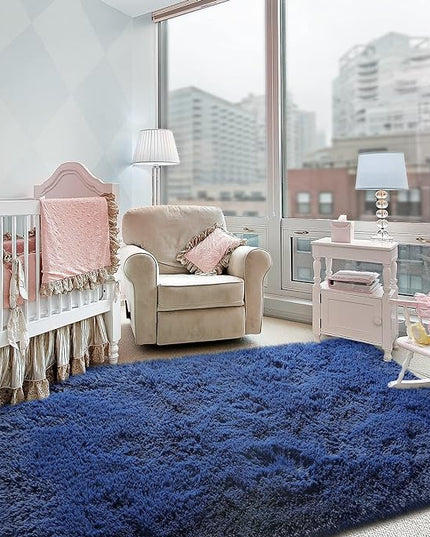 Super Soft Fluffy Shaggy Rugs for Living Room Bedroom, Fuzzy Plush Area Rugs for Girls Kids Room Nursery Home Decor, Furry Dorm Rug Cute Non-Slip Indoor Floor Carpet 4x5.9 Feet, Navy Blue - LeafyLoom