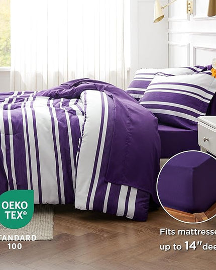 Bedsure Bed in a Bag Twin Size 5-Piece Purple White Striped Bedding Comforter Sets All Season Bed Set with 1 Pillow Sham, Flat Sheet, Fitted Sheet and 1 Pillowcase - LeafyLoom