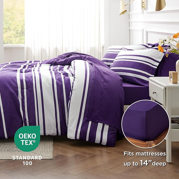 Bedsure Bed in a Bag Queen Size 7-Piece Purple White Striped Bedding Comforter Sets All Season Bed Set, 2 Pillow Shams, Flat Sheet, Fitted Sheet and 2 Pillowcases - LeafyLoom