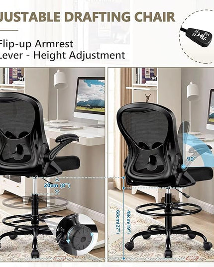 Drafting Chair, Tall Office Chair Ergonomic Standing Desk chair, Lumbar Support Computer Chair Swivel Task Rolling Chair with Adjustable Flip-up Armrests & Foot Ring (Black) - LeafyLoom