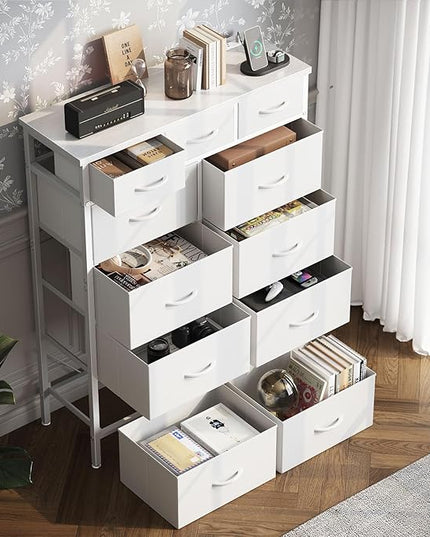 AODK Dresser with Charging Station, 52 Inches Tall Dresser for Bedroom with 11 Storage Drawers, Large Fabric Dressers for Living Room, Hallway, White - LeafyLoom