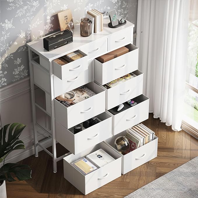 AODK Dresser with Charging Station, 52 Inches Tall Dresser for Bedroom with 11 Storage Drawers, Large Fabric Dressers for Living Room, Hallway, White - LeafyLoom