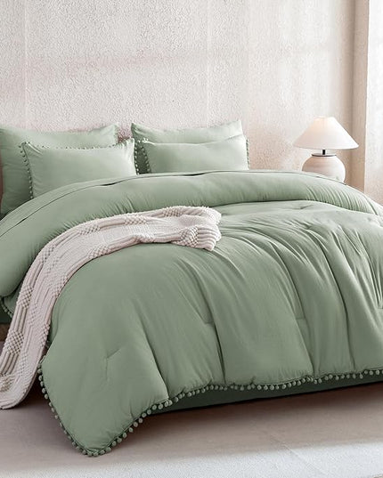 Litanika King Size Comforter Set Sage Green,3 Pieces Sage Green Boho Pom Pom Lightweight Bed Comforter, All Season Soft Solid Color Bedding Comforter Sets (1 Comforter 104x90 Inch, 2 Pillowcases) - LeafyLoom