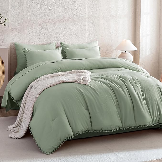Litanika King Size Comforter Set Sage Green,3 Pieces Sage Green Boho Pom Pom Lightweight Bed Comforter, All Season Soft Solid Color Bedding Comforter Sets (1 Comforter 104x90 Inch, 2 Pillowcases) - LeafyLoom
