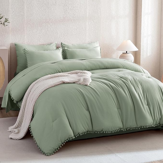 Litanika Queen Size Comforter Set Sage Green,3 Pieces Sage Green Boho Pom Pom Lightweight Bed Comforter, All Season Soft Solid Color Bedding Comforter Sets (1 Comforter 90x90 Inch, 2 Pillowcases) - LeafyLoom