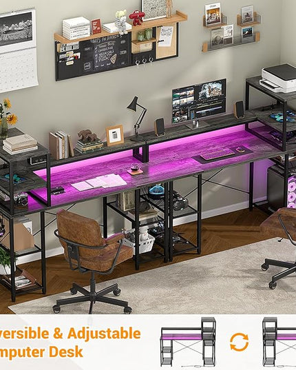 Cyclysio 55 inch Gaming Desk with LED Light, Adjustable Computer Desk with Storage Shelves, Home Office Desk with Power Outlets, Computer Gaming Desk with Long Monitor Stand for Small Space, Grey - LeafyLoom
