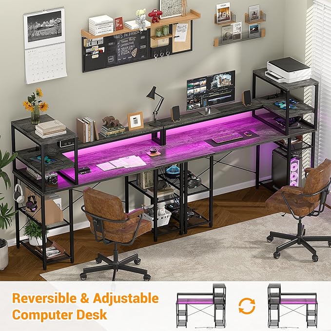 Cyclysio 55 inch Gaming Desk with LED Light, Adjustable Computer Desk with Storage Shelves, Home Office Desk with Power Outlets, Computer Gaming Desk with Long Monitor Stand for Small Space, Grey - LeafyLoom