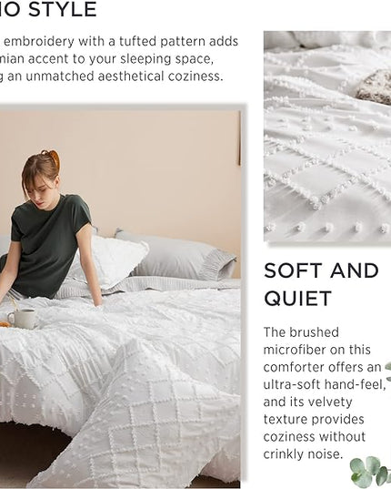 Bedsure California King Comforter Set - White Comforter, Boho Tufted Shabby Chic Bedding Comforter Set, 3 Pieces Farmhouse Bed Set for All Seasons, Fluffy Soft Bedding Set with 2 Pillow Shams - LeafyLoom