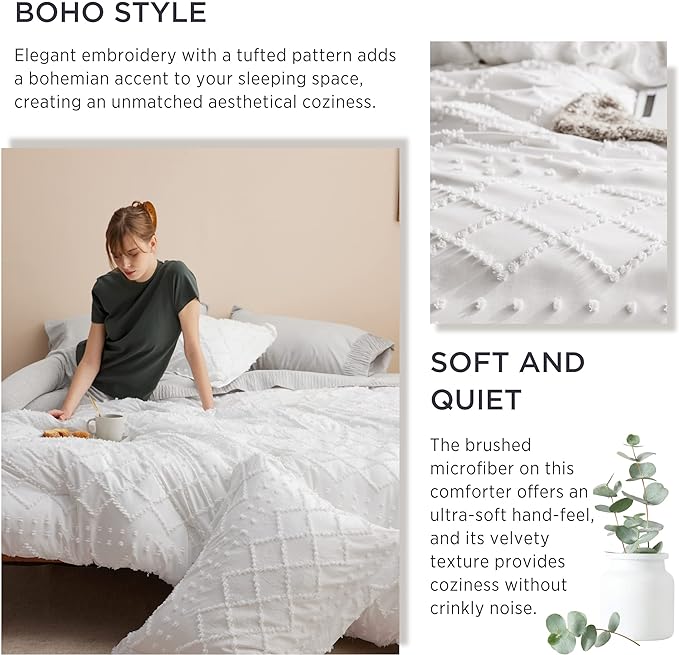 Bedsure California King Comforter Set - White Comforter, Boho Tufted Shabby Chic Bedding Comforter Set, 3 Pieces Farmhouse Bed Set for All Seasons, Fluffy Soft Bedding Set with 2 Pillow Shams - LeafyLoom