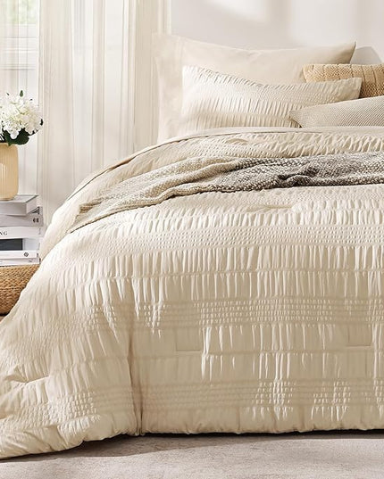 CASAAGUSTO Queen Comforter Set, 7 Pieces Beige Seersucker Bed in a Bag Queen Size Soft All Seasons, Bedding Sets with Comforter, Flat Sheet, Fitted Sheet, 2 Pillow Shams, 2 Pillowcases - LeafyLoom