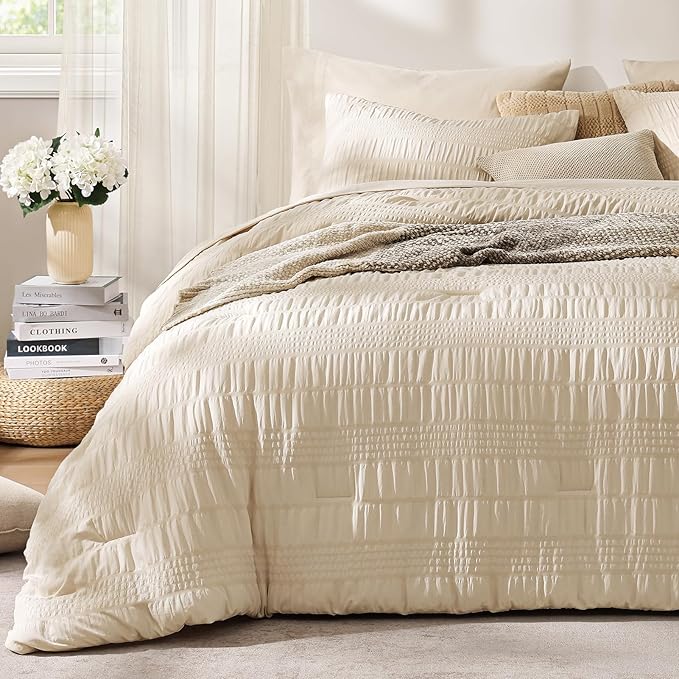 CASAAGUSTO Queen Comforter Set, 7 Pieces Beige Seersucker Bed in a Bag Queen Size Soft All Seasons, Bedding Sets with Comforter, Flat Sheet, Fitted Sheet, 2 Pillow Shams, 2 Pillowcases - LeafyLoom
