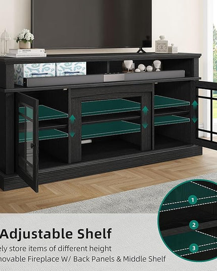 YITAHOME Black TV Stand for 75 Inch TV with LED Lights, 32'' Tall Modern TV Stands w/Adjustable Shelves & Glass Doors, Mid Century Modern Entertainment Center TV Media Console Table for Living Room - LeafyLoom