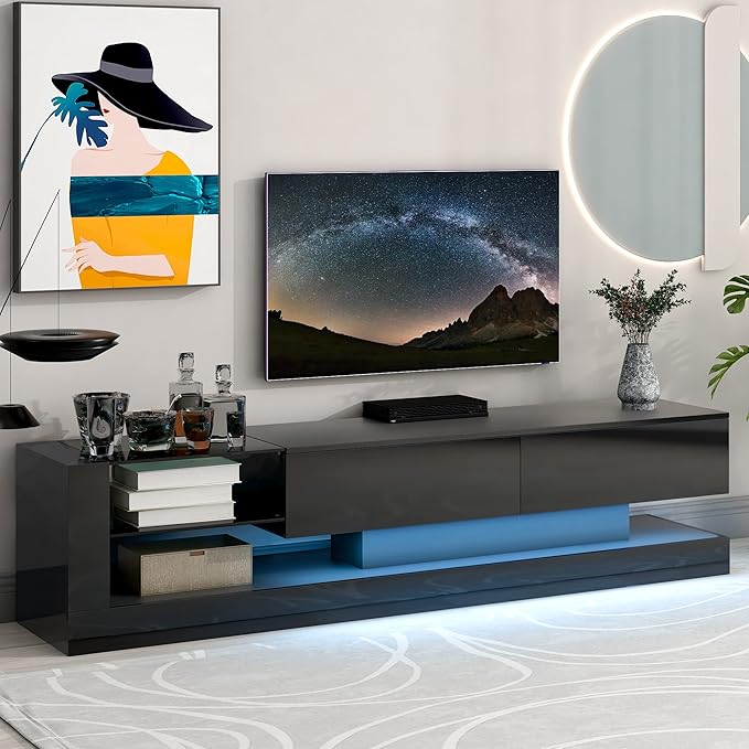 NicBex TV Stand for 75 Inch TV LED Entertainment Center Media Storage Console Table with 2 Media Storage Cabinets and 16-Color RGB LED for Living Room,Bedroom, 70.8 Inch,Black - LeafyLoom