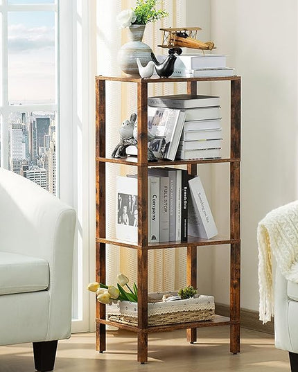4 Tier Tall Wooden Bookshelf with Storage, Narrow Bookcase for Small Space, Small Book Shelf for Living Room, Office, Bedroom, Kitchen, Industrial, Rustic Brown - LeafyLoom