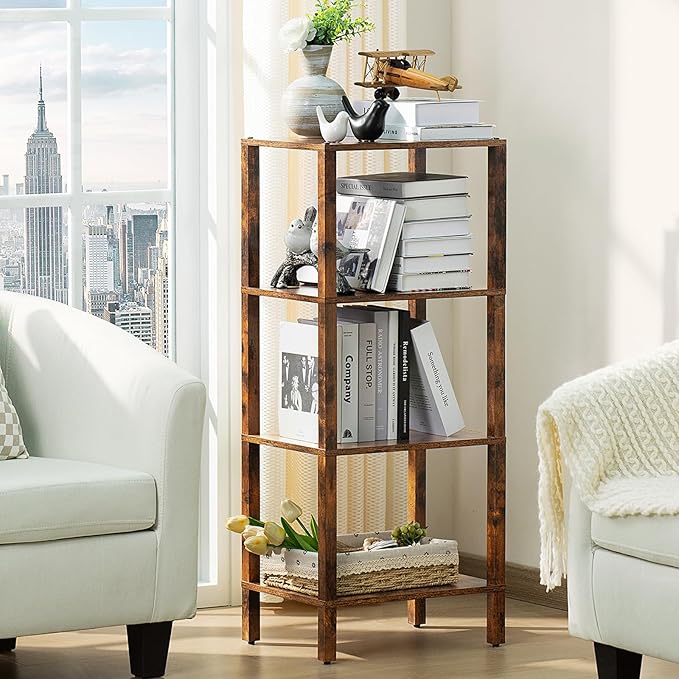 4 Tier Tall Wooden Bookshelf with Storage, Narrow Bookcase for Small Space, Small Book Shelf for Living Room, Office, Bedroom, Kitchen, Industrial, Rustic Brown - LeafyLoom