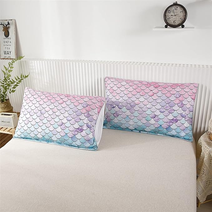 RYNGHIPY 3Pcs Colorful Mermaid Scale Print Comforter Bedding Set Full Size, Soft Microfiber Coverlet Set/Bedspread/Quilt Set with Colorful Scale Design (Mermaid,Full) - LeafyLoom