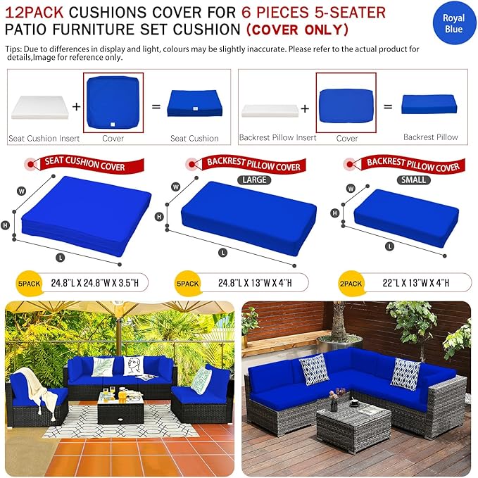 ClawsCover 12 Pack Outdoor Seat and Back Cushions Replacement Covers Fit for 6Pieces 5-Seater Wicker Rattan Patio Furniture Conversation Set Sectional Couch Chairs,Royal Blue-Include Cover Only - LeafyLoom