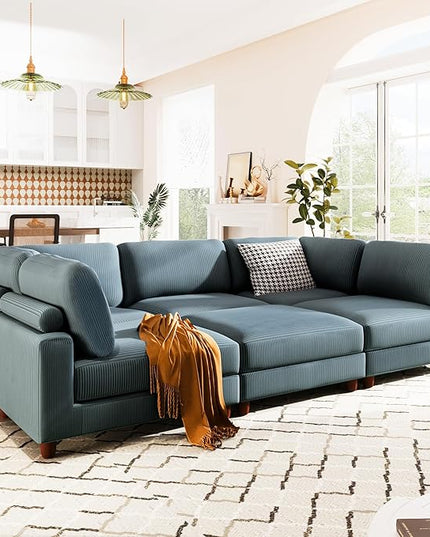 163.8" Large L Shaped Modular Sectional Sofa with Ottoman, 6-Seater Upholstered Combination Corner Couch for Living Room Office Spacious Space Furniture Sets, Blue, 163.8 Inch - LeafyLoom