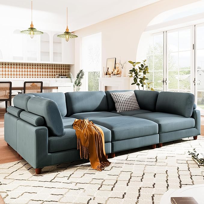 163.8" Large L Shaped Modular Sectional Sofa with Ottoman, 6-Seater Upholstered Combination Corner Couch for Living Room Office Spacious Space Furniture Sets, Blue, 163.8 Inch - LeafyLoom