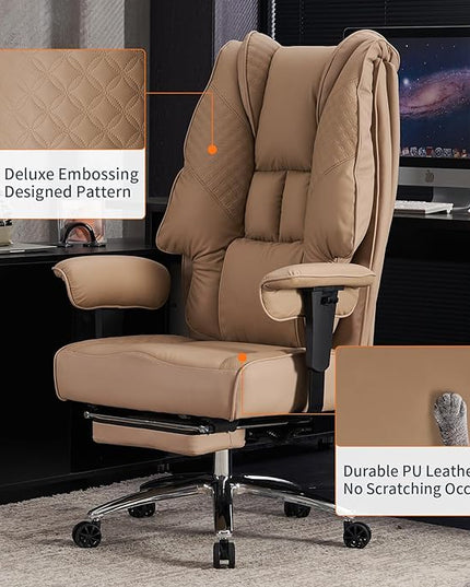 Big and Tall Office Chair 400lbs Wide Seat, Leather High Back Executive Office Chair with Foot Rest, Ergonomic Office Chair Lumbar Support for Lower Back Pain Relief (Brown) - LeafyLoom