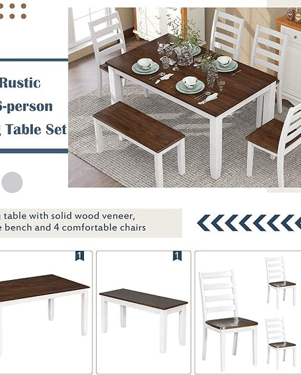 Retro Rustic Style, Including 4 Upholstered Chairs, 1 Bench, Room, Home Bar, and Kitchen,Walnut + Cottage White, 6 Piece Dining Table Set - LeafyLoom