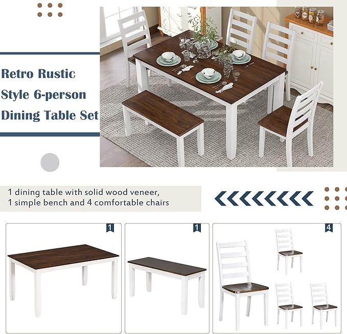 Rustic Style 6-Piece Dining Room Table Set with 4 Ergonomic Designed Chairs & a Bench, Walnut + Cottage White, 60" L x 36" W x 30" H - LeafyLoom