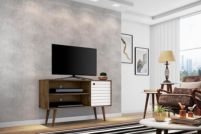 Manhattan Comfort Liberty Mid Century Modern TV Stand for Televisions up to 46 Inches, Bedroom and Living Room Entertainment Center with Storage, Shelves, and Cabinet, 43" Wide, Rustic Brown/White - LeafyLoom