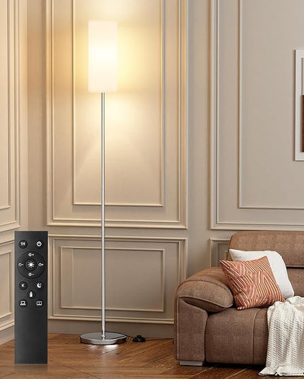 Ambimall 66'' Floor Lamps for Living Room with Remote Control and Stepless Dimmable Colors Temperature & Brightness, 9W Bulb Included(White Lampshade & Silver Pole) - LeafyLoom