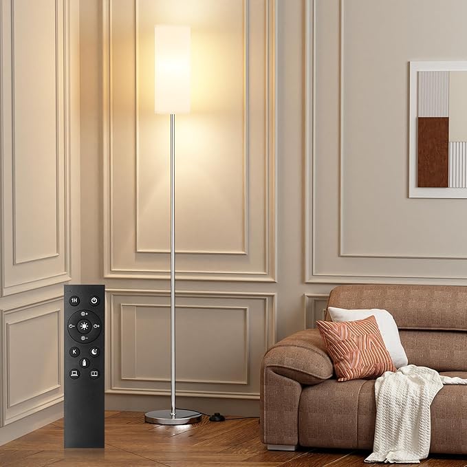 Ambimall 66'' Floor Lamps for Living Room with Remote Control and Stepless Dimmable Colors Temperature & Brightness, 9W Bulb Included(White Lampshade & Silver Pole) - LeafyLoom