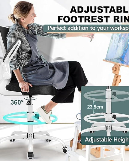 FelixKing Drafting Chair Ergonomic Tall Office Chair, Breathable Mesh Chair with Adjustable Footrest Ring Lumbar Support Flip-up Armrests, High Back Executive Comfy Task Computer Chair for Home Office - LeafyLoom